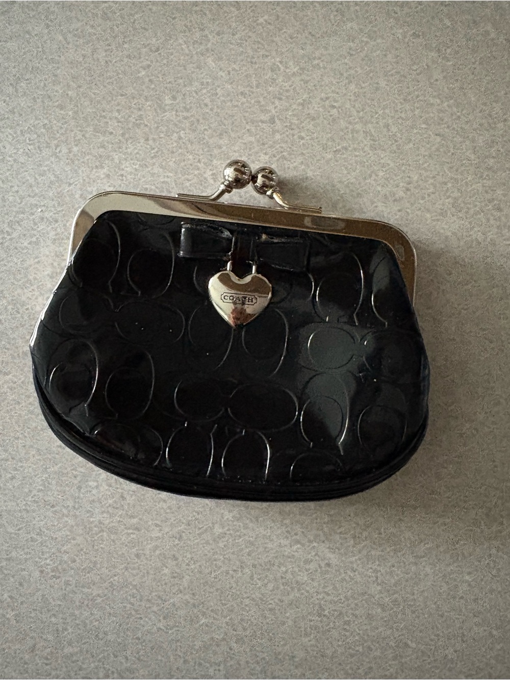 Coach Black Patent Signature Coin Purse with Heart Charm